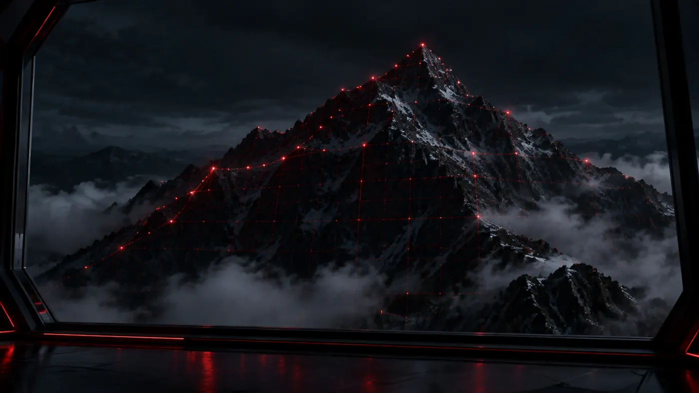 A mountain peak at night with a faint electric-blue technical grid projected across its ridges