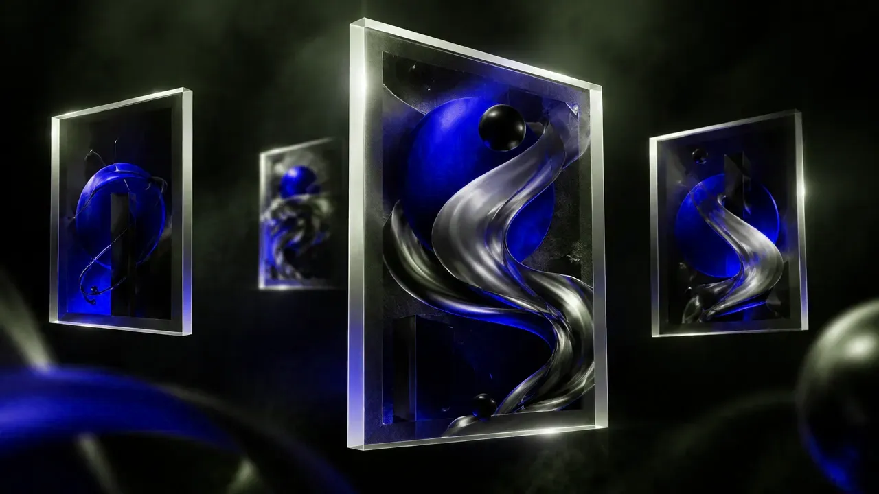 Floating frosted glass frames at different depths, each holding abstract electric-blue shapes and chrome ribbons