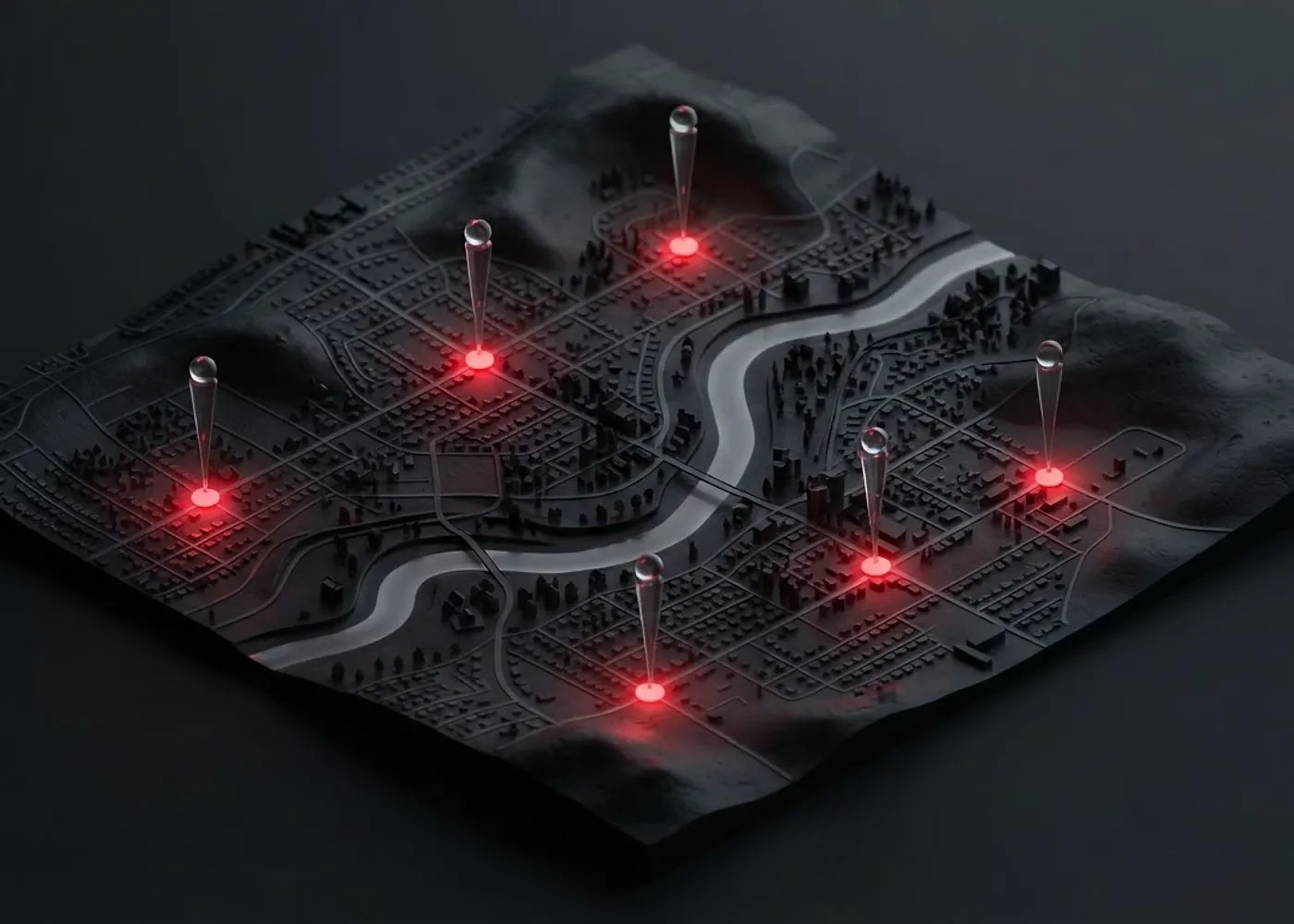 An isometric stylized map of a valley city with glowing electric-blue location pins marking local visibility