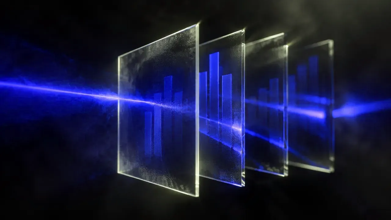 A focused beam of electric-blue light refracting through floating frosted glass panels in a midnight navy space