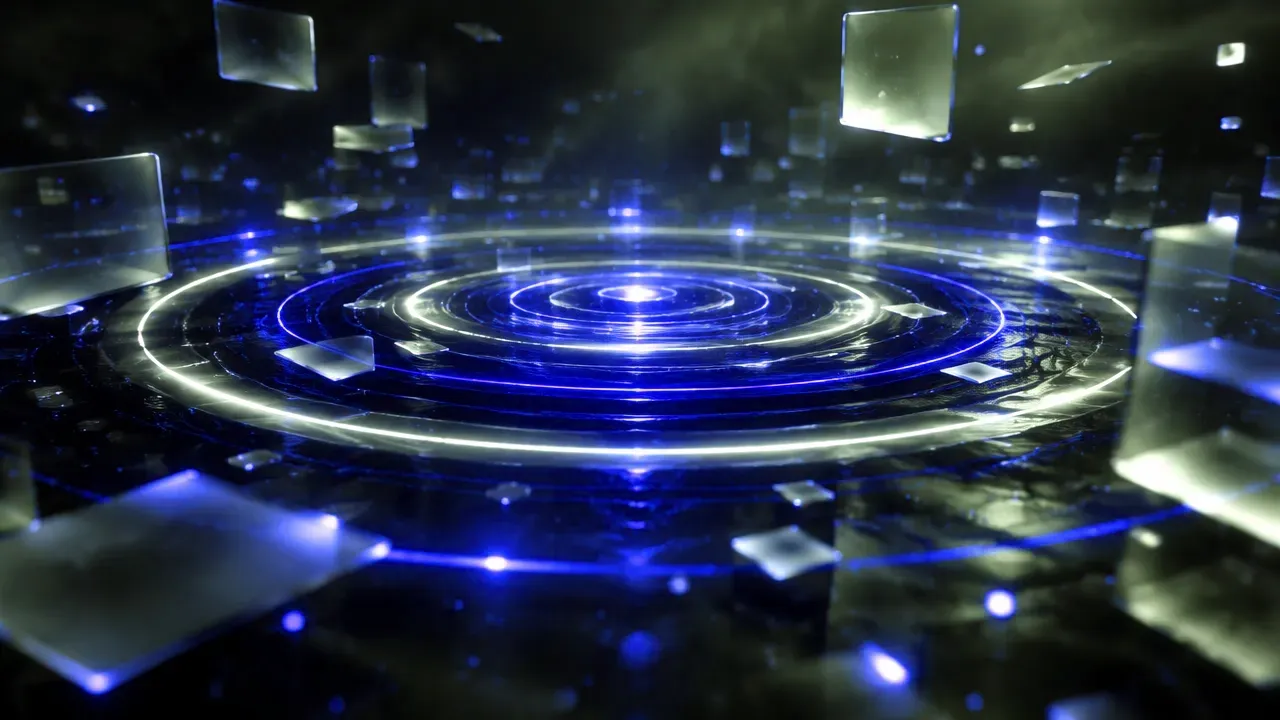Expanding concentric rings of electric-blue and white light radiating across a midnight navy surface