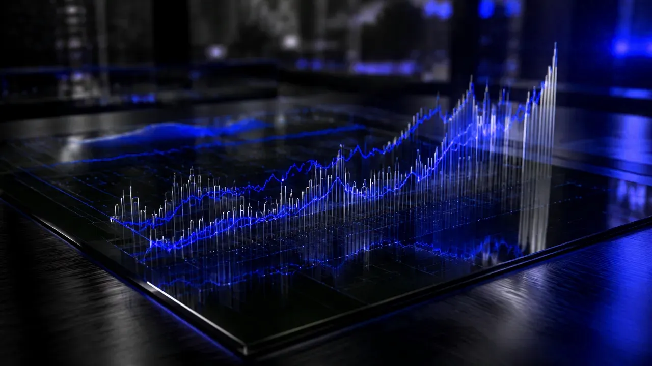 A glass analytics console with glowing electric-blue line charts rising above a brushed navy surface